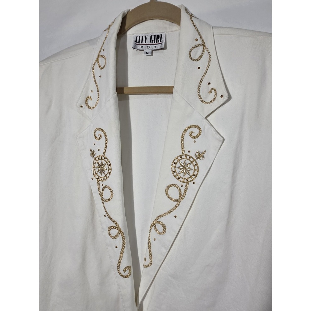 90s City Girl Sport Blazer Gold Embroidery Trim Sz 12 Nautical Coastal Grandma - Picture 3 of 12